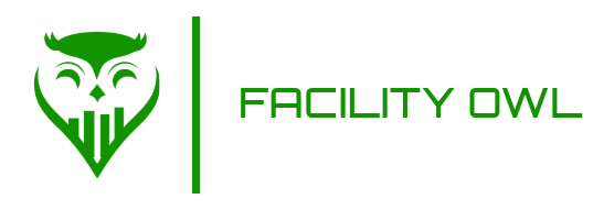 Facility Owl Logo_Text_White Background Facility Owl logo featuring a stylized green owl head with bold bar-style feathers, accompanied by the text "Facility Owl" in a modern green font.