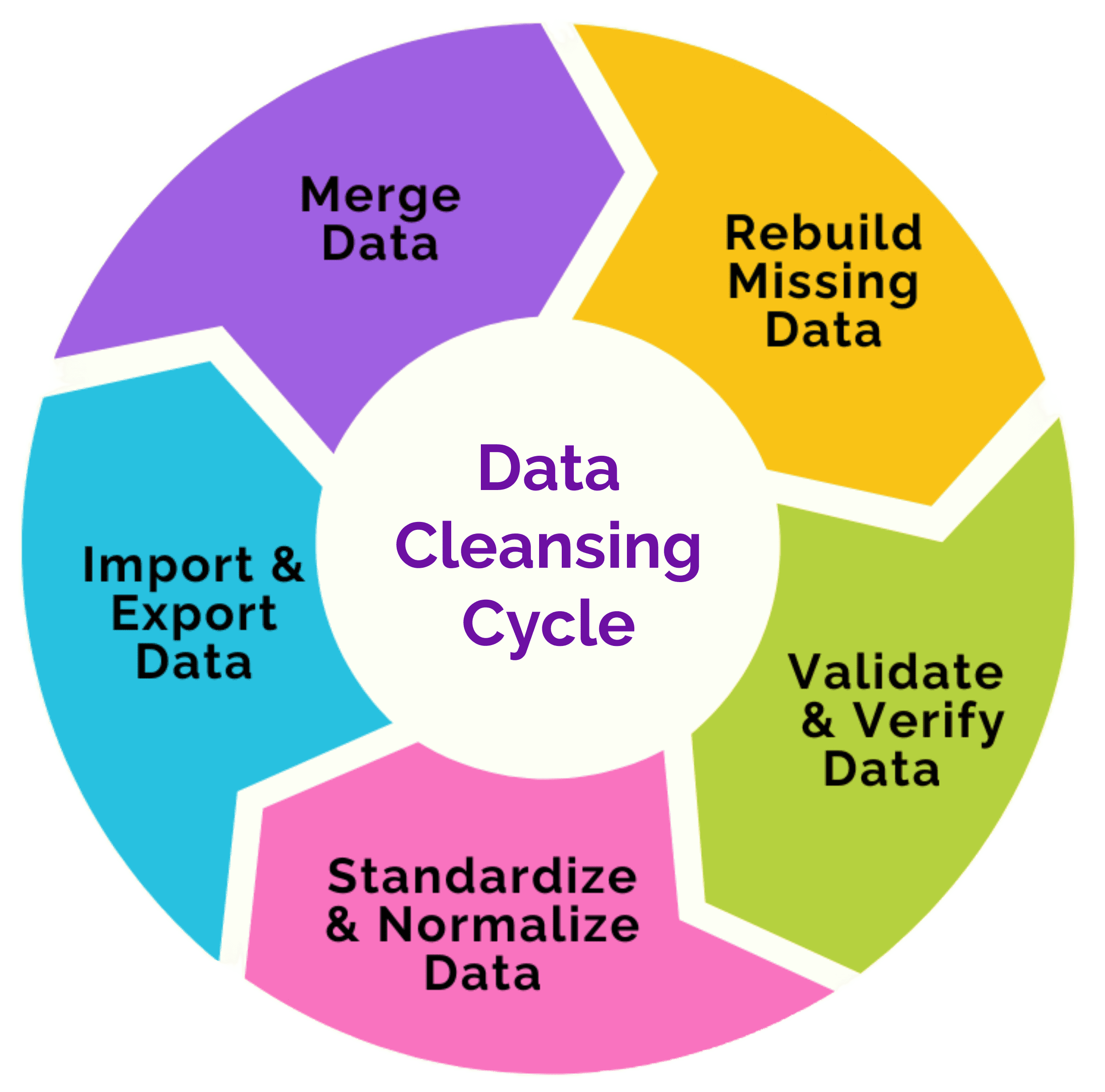 Data Cleansing Cycle Circular diagram showing the six stages of the data cleansing cycle: Rebuild Missing Data, Validate & Verify Data, Standardize & Normalize Data, Import & Export Data, Merge Data.