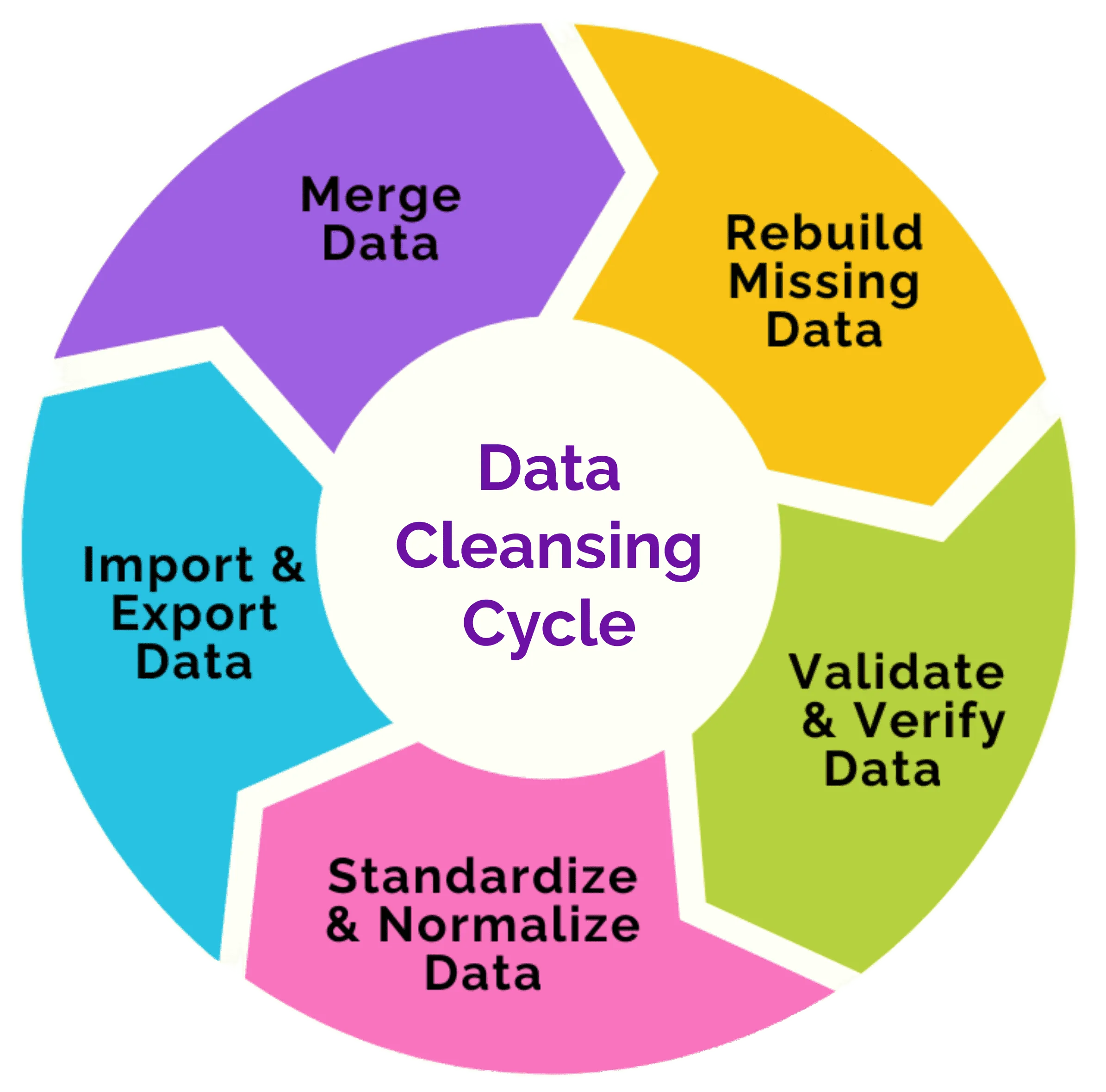 Data Cleansing Cycle Circular diagram showing the six stages of the data cleansing cycle: Rebuild Missing Data, Validate & Verify Data, Standardize & Normalize Data, Import & Export Data, Merge Data.