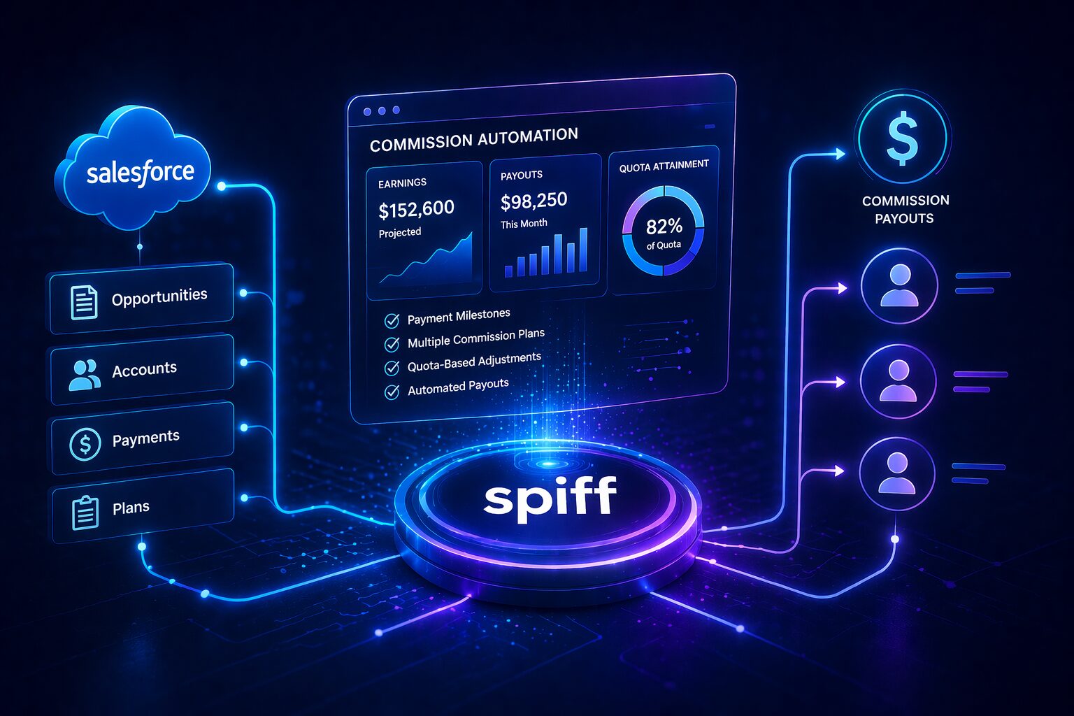Salesforce Spiff commission automation illustration showing automated commission tracking, payment milestones, and payouts
